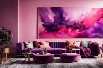 close up view, of a lounge, with pink and purple background, and a beautiful painting on the wall