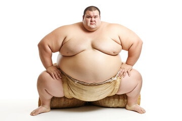 An Asian sumo wrestler, representing the rich tradition, characterized by their large and imposing stature, isolated on a white background. - obrazy, fototapety, plakaty