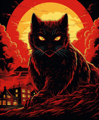 oversized black cat looking over a town in illustration