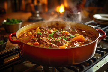 A steaming pot of Hungarian goulash, a hearty and hot dish filled with tender beef, vegetables, and a rich, flavorful sauce.