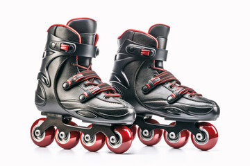 A closeup of roller skates isolated against a white background in a park, showcasing the fun and active roller skating lifestyle.