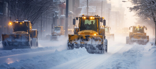 A snowplow trucks diligently clearing a city street during a heavy snowstorm, with snowdrifts piling up on the sides.