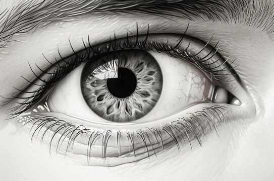 Dibujo a lápiz de un ojo humano visto de cerca en blanco y negro
