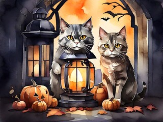 Halloween cat with pumpkin, Generative AI