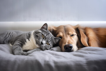 Dog cat sleep together.