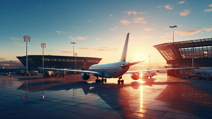 airport terminal building and many planes - obrazy, fototapety, plakaty