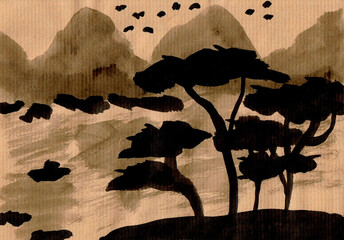 Hand-Painted Ink Painting - Trees by a Lake in the Mountains