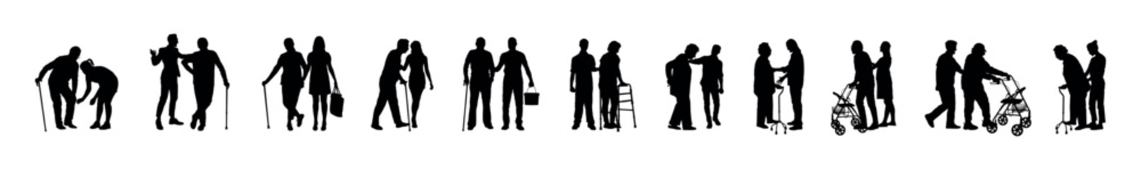 Set of caregivers helping older senior people with walking aid vector silhouette collection. - obrazy, fototapety, plakaty