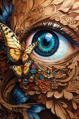 a woman's eye with butterflies and flowers
