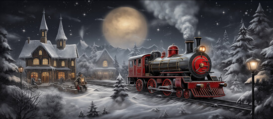 steam christmas train in the snow - obrazy, fototapety, plakaty