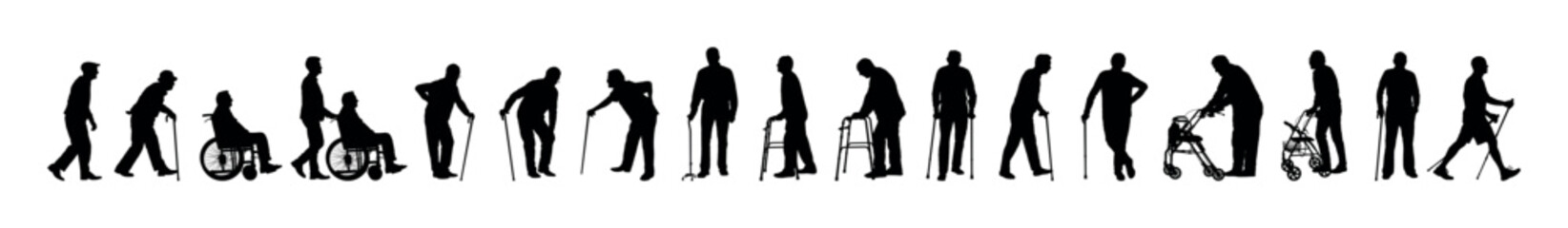 Silhouette set of senior old man with walking aid flat vector collection.