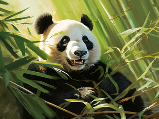 Illustration of an adult panda feasting on fresh bamboo.