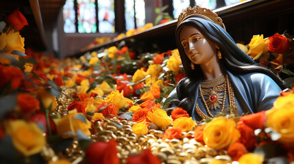 The image of Our Lady of Guadalupe, beautifully framed in the Basilica, surrounded by golden ornaments and a sea of marigold flowers - obrazy, fototapety, plakaty