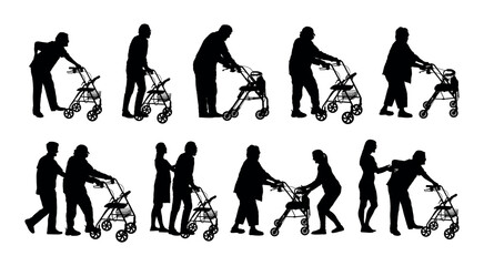 Silhouettes set of elderly people using rollator or walker vector collection. Senior old people walking with walker silhouette set.