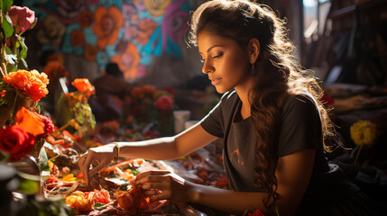A street artist creating a vibrant mural of Our Lady of Guadalupe, showcasing the fusion of tradition and modern art in Mexico