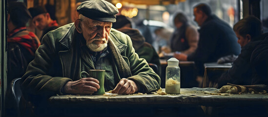 Old man drinking. AI generated. - obrazy, fototapety, plakaty