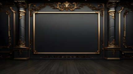 Background mock up luxury classic black color wall with gold elements and with frame . - obrazy, fototapety, plakaty