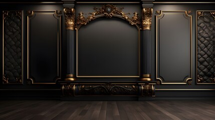 Background mock up luxury vintage black color wall with gold elements .