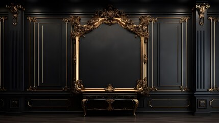Background mock up luxury classic black color wall with gold elements and frame .