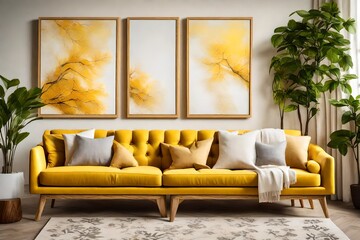 a wood art frame, on the wall of the living room, with yellow and white background, with l shape sofas