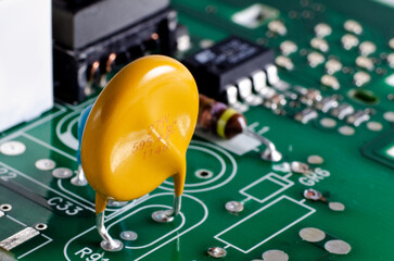 Electronic components on a board close-up