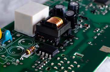 Electronic components on a board close-up