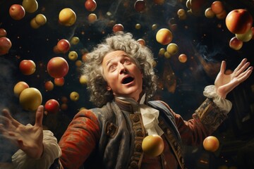 Newton Day. Newton amongst the falling apples - obrazy, fototapety, plakaty