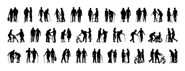 Fototapeta na wymiar Young person helping elderly person walking with walking aids silhouette set collection. 