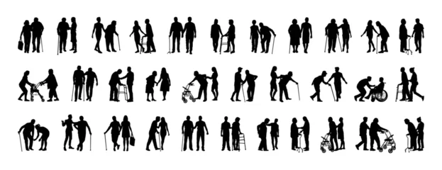 Fotobehang Young person helping elderly person walking with walking aids silhouette set collection.  © Andreas
