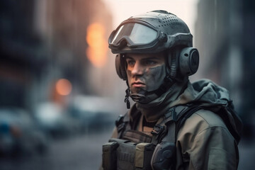 Naklejka premium Portrait of futuristic armed soldier and blurred background generative ai