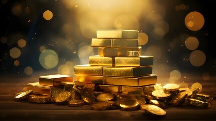 stacks of gold bars and gold coins on a bokeh background - obrazy, fototapety, plakaty