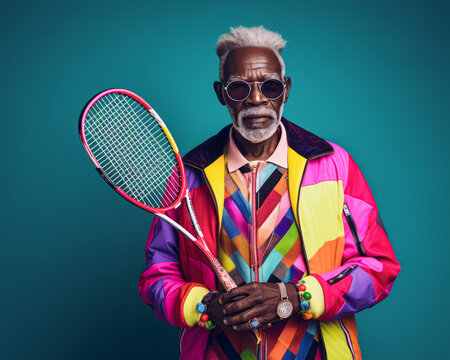 Older Black Afro American Man In Trendy Colorful Jacket Holding Tennis Racket. Fashion Outfit With Aged Gentleman. Creative Sport Idea.