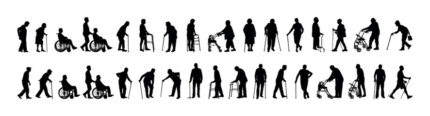Elderly people using walking aid silhouette set collection. Senior pensioner people walking with walking aids vector silhouette.