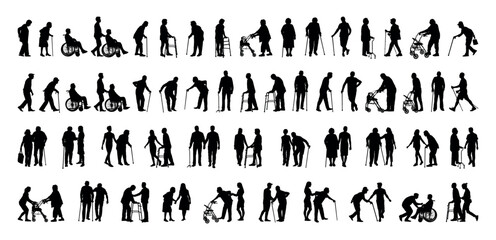 Senior people using walking aids silhouette set collection. Caregiver family helping elderly person using walking aid vector silhouette set. - obrazy, fototapety, plakaty