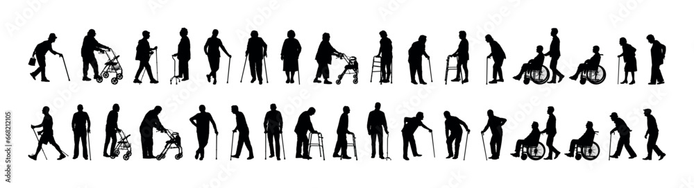 Wall mural Senior people using walking aid silhouette set collection. Older people walking with walking aids vector silhouette.