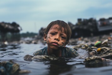 Sad Asian child swimming in river full of rubbish. AI Generated Images