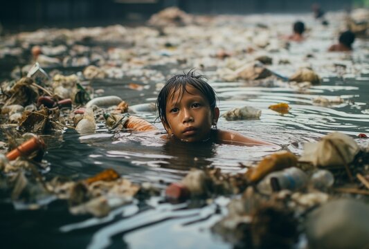 Sad Asian child swimming in river full of rubbish. AI Generated Images