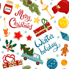 Naklejka premium Cute hand drawn Christmas seamless pattern with lettering Merry Christmas, gingerbread man, lollipops, cocoa, candles, Christmas decorations, stars and toys on a white background