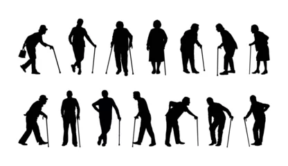 Foto op Canvas Elderly people with walking stick cane silhouette set collection. Silhouette set of old man and woman using walking aid. © Andreas