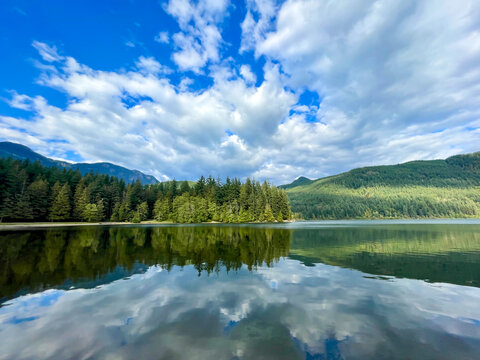 Mountain reflections in Hicks Lake, Sasquatch Provincial Park, British Columbia, Canada