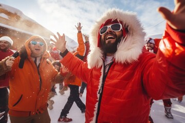 People on apres ski party on ski resort - obrazy, fototapety, plakaty
