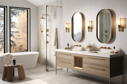 Modern bathroom with two wall sconce in gold brass finish.
