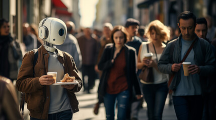 Futuristic human-robot among people in the street. 