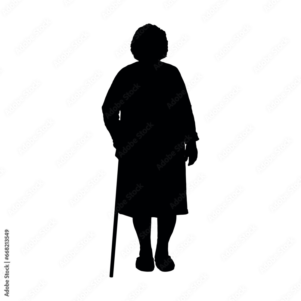 Wall mural Elderly senior woman standing with walking stick vector silhouette.