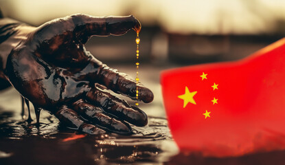 Oil pipeline and natural gas. Destruction Oil pipeline. Spilled oil at oil field. Gas production and crude refenery. Worker's dirty hand in crude pipe on oilfield. China flag in economic war world - obrazy, fototapety, plakaty