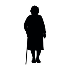 Elderly senior woman standing with walking stick vector silhouette.