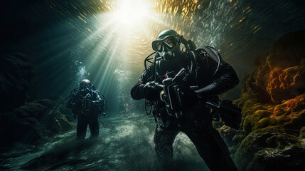 scuba divers in the military operation at night