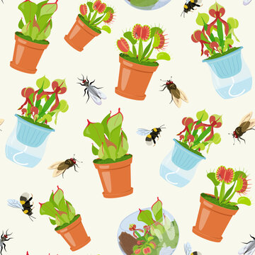 Beautifull tropical seamless pattern with carnivorous plants in pots and insects. Summer print with unusual exotic Rafflesia Nepenthes Venus flytrap Vector floral design with rare wild flowers and fly