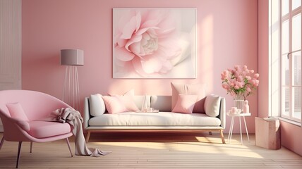 A beige colored modern sofa in a pink walls living room with decor .	