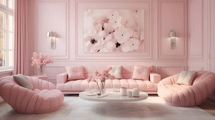 A light pink colored modern sofa in a pink walls living room with decor mock up.	